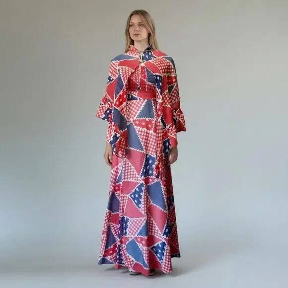 1960s/70s Vintage Red, White & Blue Patchwork Dress + Capelet, size xs - Picture 1 of 8